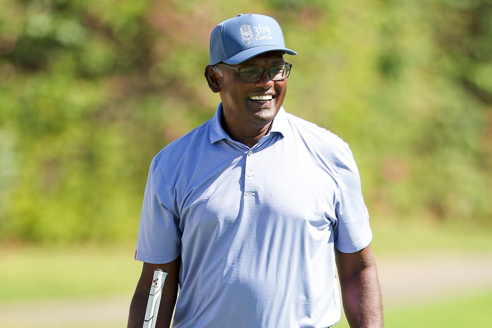 HONOLULU, HAWAII - JANUARY 13: Vijay Singh of Fiji reacts as he plays the fifth hole prior to the Sony Open in Hawaii 2026 at Waialae Country Club on January 13, 2026 in Honolulu, Hawaii. (Photo by Mike Mulholland/Getty Images)