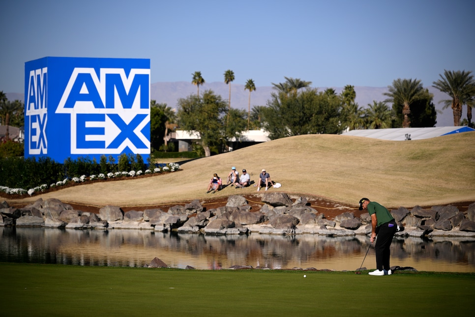LA QUINTA, CALIFORNIA - JANUARY 18: Jason Day of Australia putts on the 18th green during the third round of The American Express 2025 at Pete Dye Stadium Course on January 18, 2025 in La Quinta, California. (Photo by Orlando Ramirez/Getty Images)